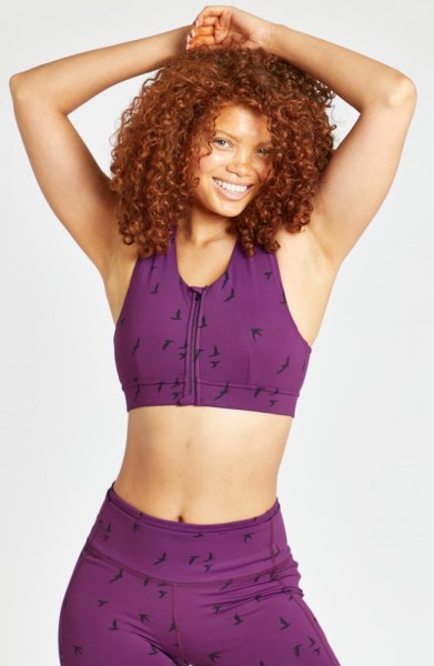 Oiselle Flyout Zip Bra Imperio Pájaros Voladores Rei Co-op